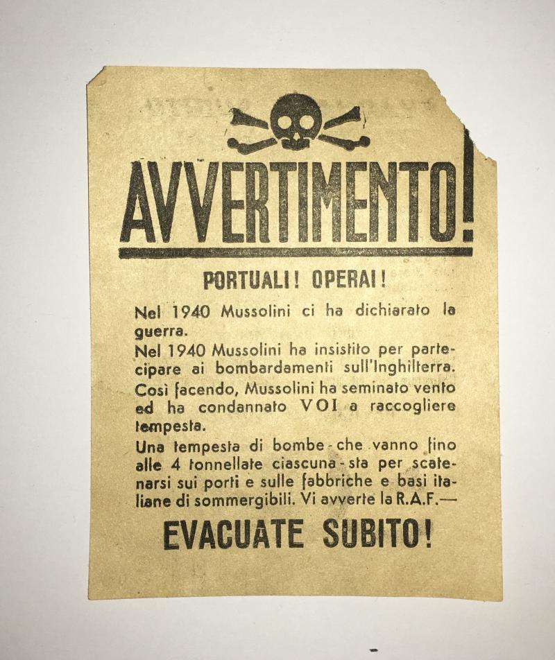 WW2 LEAFLET AIR DROPPED ON ITALIAN DOCKS