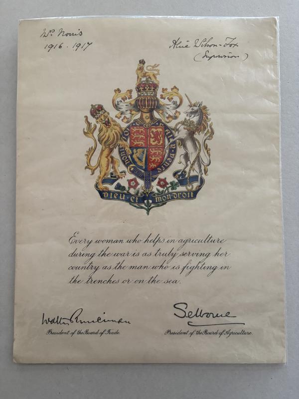 WW1 BOARD OF AGRICULTURE WAR SERVICE CERTIFICATE