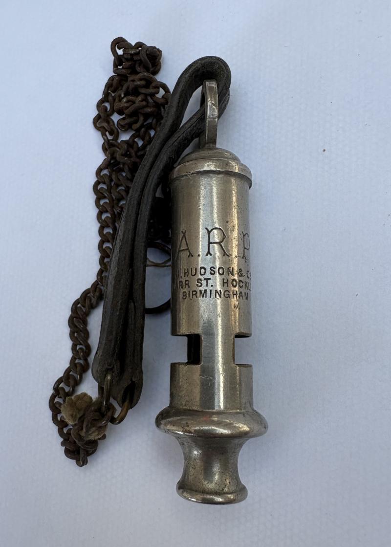 WW2 ARP WHISTLE ON LEATHER LOOP & CHAIN