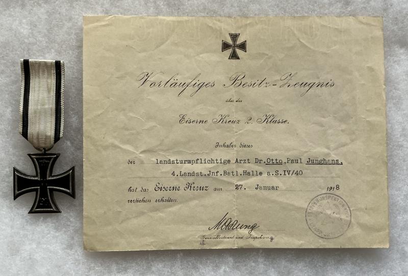NON COMBATANT WW1 IRON CROSS & DOC TO A DOCTOR